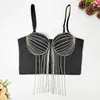 Corsé de Espina de Pescado con Camisola de Borla de Cadena Incrustada de Diamantes, Top de Malla de Color Sólido Delgado Estilo Hot Girl con Tirantes Desmontables