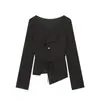Camisa de Manga Larga Diagonal Asimétrica con Corbata para Mujer, Cuello en V, Ceñida a la Cintura, Diseño de Tirantes de Corbata, Múltiples Colores en Stock
