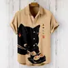 Moda de Verano Tallas Grandes Ropa Juvenil para Hombre Camisa de Manga Corta Cárdigan de Lino Solapa Gato Divertido Estampado de Pintura a Tinta