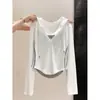 Camiseta de Manga Larga con Capucha Falsa de Dos Piezas para Mujer, Nuevo Color Bloque de Principios de Otoño, Media Cremallera, Raya Lateral, Cintura Ceñida, Top Corto Base