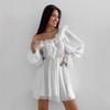 Vestido Blanco con Volantes de Cuello Francés de Una Línea Transfronterizo Otoño 2025 Elegante Manga Trompeta Cintura Falda A