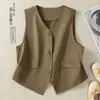 Foto real de chaleco original de algodón puro con cuello en V para mujer, estilo corto de otoño para figuras petite, top de chaleco elegante para superponer