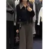 Suéter cárdigan de punto de alta gama elegante con solapa de cuero para mujer, nuevo de primavera y otoño, abrigo corto vintage exquisito de punto acanalado de color sólido
