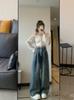 Jeans Americanos de Pierna Ancha, Vaqueros Americanos de Cintura Alta Vintage Lavados, Vaqueros Viejos y Sueltos de Pierna Ancha para Mujer, Cintura Alta, Look Slim