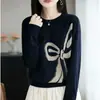 Camiseta de punto jacquard con lazo para principios de otoño para mujer 2025 Nuevo estilo Primavera y Otoño Tallas Grandes Ropa de punto de otoño e invierno para mujer