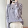 Cardigan de Tricô de Lã Pura de Outono e Inverno 2025 com Decote Redondo e Mangas Compridas para Mulher, Top Solto Versátil Bordado Vazado