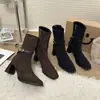 Botines Cortos de Tacón Alto de Gamuza Estilo Francés para Mujer, Novedad Verano 2025 Botas Estrechas de Tacón Grueso y Punta Cuadrada, Botines Individuales Retro para Mujer