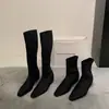 Versión Satín~Novedad Otoño/Invierno Botas Elásticas de Punta Cuadrada Botas Adelgazantes Moda Femenina Temperamento Botas Altas Planas Adelgazantes
