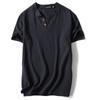 Venta al por mayor de fábrica 2025 Nueva camiseta de lino de manga corta estilo japonés para hombre, de algodón y lino, manga media, color liso, talla grande, camiseta de dos botones