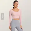 Top Fitness Antibacteriano Weiman 7a com Decote em U para Mulheres, Tricô Torcido com Design Vazado, Costas Bonitas, Bojos Fixos, Manga Longa de Yoga