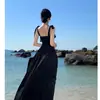 Conjunto de Dos Piezas: Top Tubo Negro + Falda Larga Acampanada de Cintura Alta para Vacaciones en la Playa, Verano, Adelgazante y Elegante
