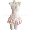 Vestido de color contrastante con volantes, dulce y seductor, que ciñe la cintura, traje de sirvienta con falda de pastel abullonada y lazo, puro y lindo