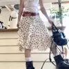 Falda Blanca de Lunares con Volantes, Falda Irregular de Longitud Media para Mujer, Falda de Línea A con Diseño Suave Retro de Primavera