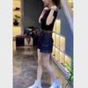 88530 Daaimaiyiyuan 2025 Verano Nuevo Color Sólido Negro Camiseta de Manga Corta Shorts de Mezclilla de Cintura Alta Ropa Adelgazante para Mujer
