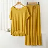 Conjunto de Pijama Casual Duas Peças Feminino de Modal com Gola Redonda e Manga Curta com Calça de Perna Larga Roupas de Casa Tamanho Plus Size Solto