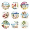 Hk096-T Pegatinas Redondas Decorativas de Acuarela de Verano, Pegatinas Selladoras Autoadhesivas para Sobres de Tarjetas de Felicitación, Pegatinas Decorativas de Costa