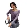 Camiseta Base Feminina Modal Sem Costura Cor Sólida Fina Elástica Parte Superior do Corpo Gola Redonda Grande Manga Longa