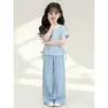 Conjunto de Duas Peças Super Fofo para Meninas com Top de Manga Curta e Calça Wide Leg, Novo Estilo de Verão, Conjunto de Duas Peças Infantil Estiloso e Adorável