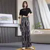 Pantalones de rayas de pierna ancha para mujer para comercio exterior, temporada 2026, de cintura alta, fluidos, holgados, de pierna recta, casuales, hechos de tela de lino helado, alargan las piernas