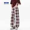 Pantalones de cuadros estilo americano con caída, pantalones casuales para hombre, pantalones retro a cuadros rojos de marca moderna, pierna recta, ligeramente acampanados, hasta el suelo para personas altas