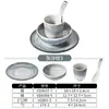 Estilo Nórdico Gris Patrón Arena Imitación Porcelana Vajilla Set Tazones, Platos, Cucharas Sopa, Melamina Mesa Configuración Juego de Cuatro Piezas Restaurante Hotel Mayoreo