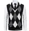 Suéter masculino de malha, gola redonda, outono e inverno, quente, slim fit, sem mangas, suéter de malha para homens