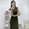 Vestido largo de punto con cuello redondo y mangas abullonadas para mujer, primavera y verano 2024