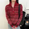 Cardigã Feminino Fair Isle com Zíper Duplo Gola Meia-Alta Color Block Pulôver Suéter de Manga Longa Macio Grudando na Pele Amigável à Pele Moda Versátil