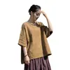 Otoño algodón y lino mujer nuevo diseño original estilo chino suéter modificado ramio lavado a la arena manga corta botón arriba camiseta mujer