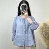 Camisa Feminina de Algodão e Linho com Gola Redonda, Bordada, Casual, Versátil, Solta, Emagrecedora, Nova Camisa Respirável de Manga Longa para Mulheres Verão 2024