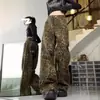 Jeans Retro Estilo Europeo y Americano Estampado de Leopardo Sumergido Nueva Talla Grande Moda Hipphop Pantalones Holgados Rectos Pierna Ancha