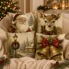 Funda de Almohada Estampada Navideña Vintage con Patrón de Reno y Campana Funda de Cojín Cuadrada para Decoración Festiva del Hogar Tela Suave Decoración
