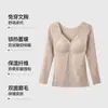 Top Cálido de Manga Larga con Parches de Encaje para Mujer, Cuello en V y Copas Integradas, No Necesita Usar Sujetador, Cepillado por Ambos Lados, Capa Base Adelgazante