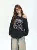 Camiseta retrô de manga longa ombro a ombro com estampa de letras transfronteiriça para mulheres, design de primavera, efeito emagrecedor, adequada para primavera e outono