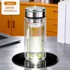 Copo de Água de Vidro Borossilicato Alto Camada Dupla Isolado Copo de Chá Reto com Tampa Vidro Transparente Resistente a Altas Temperaturas Copo de Presente com Impressão