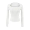 Camiseta de Manga Comprida com Decote Quadrado Cobrindo os Ombros Estilo Europeu e Americano Pura Luxúria Sexy Cintura Marcada Top Curto Camisa Fashion Versátil para Sobreposição