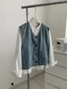 Chaleco vaquero vintage japonés lavado azul claro para mujer, con cuello redondo apilado y bolsillos de retazos, para primavera y otoño