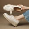 Zapatos de Cuña con Cordones de Cuero Tejido de Paja Estilo Vacacional Suela Gruesa Otoño 2025 Tacón Medio Punta Redonda Cordones de Cuero Genuino Zapatos Casuales para Mujer