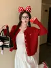 Cárdigan de Punto Rojo para Mujer Ropa de Otoño Invierno Vibe Chaqueta de Punto Bordada Prendas de Abrigo Superior Talla Única