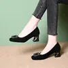 Zapatos de mujer de tacón grueso con punta cuadrada estilo francés, zapatos de noche de corte bajo, gamuza con pedrería, negros, adecuados para el trabajo y para ir al trabajo, para combinar con una falda