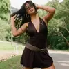 Vestido Curto Sexy Moda Verão Nova Estilo Europeu e Americano Cor Sólida Decote V Franzido Alça no Pescoço Costas Abertas Slim