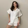 Comércio Exterior Transfronteiriço Algodão Puro Cardigã Manga Curta Shorts Conjunto de Pijama Europeu e Americano Verão 2025 Novo Pijama com Flores Vazadas