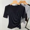 Camiseta de Manga Corta para Mujer 2026, Nuevo Estilo Veraniego, Cuello en V Cruzado, Camiseta de Color Liso, Dobladillo Asimétrico, Top con Cintura Plisada