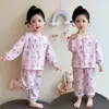 Pijama de Gato con Estampado de Dibujos Animados para Niñas Algodón Hilo Doble Cardigan de Manga Larga Conjunto de Ropa para el Hogar Bebé Nuevo Estilo Primavera y Otoño