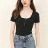 CANVAUS Camiseta de Manga Corta Estilo Coreano para Mujer Botones Cuello Henry Casual Canalé Verano 2023 Color Sólido Top Estilo bm