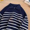 Suéter de estilo coreano maduro ligero de otoño e invierno para hombre, casual holgado, con cuello polo, cremallera, rayas de color en contraste, manga larga