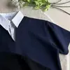 Camiseta Polo de Patchwork a Cuadros Transfronterizo Camiseta Falso Dos Piezas Manga Corta Estilo Universitario para Hombre Superior Casual Holgado Retro