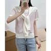 Xale Estilo Relaxado Cadarço Gola Redonda Manga Curta Camiseta para Mulheres Estilo Coreano Solta Efeito Emagrecedor Color Blocking Listrado Malha de Seda Gelada Fina
