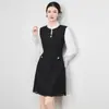 2513804-Nanyou Vestido Colete Sem Manga Tweed com Franjas Estilo Xiaoxiang Moderno para o Dia a Dia Francês