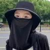 Sombrero de Sol de Verano para Mujer con Ala Ancha, Mascarilla Facial, Protección Integrada para el Cuello, Transpirable, Anti-UV, Sombrero de Pescador, Sombrero Plegable para Exteriores